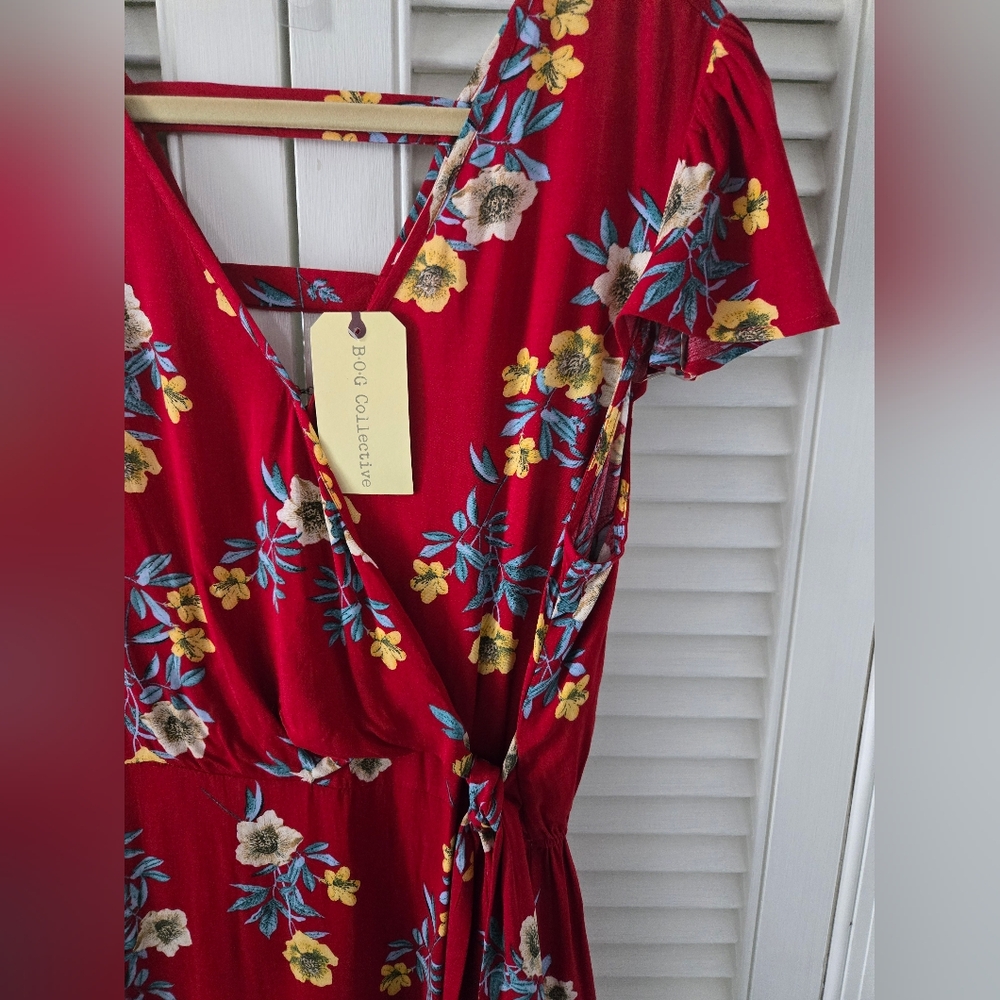 B.O.G. Collective Red Floral Faux Wrap Mini Dress Boho RUNS SMALL - Picture 6 of 12